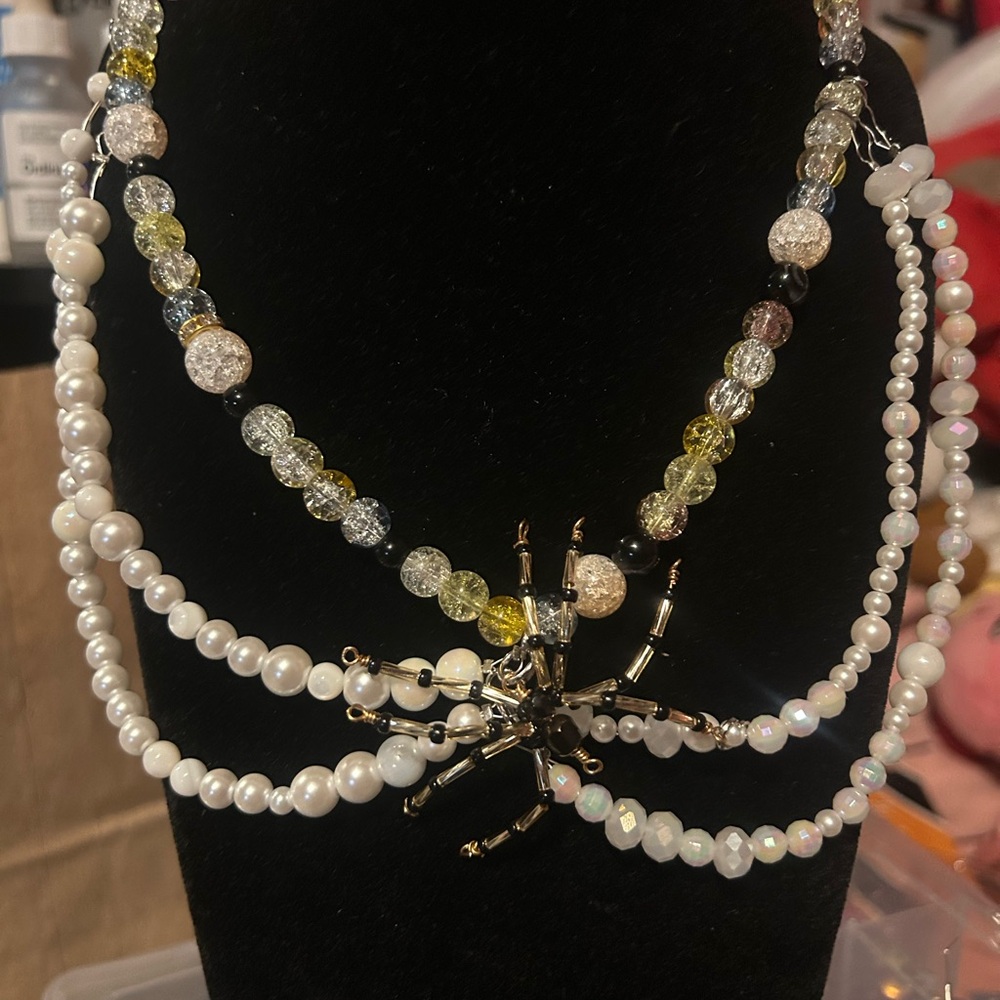 Elegant Pearl and Beaded Necklace with Spider Accent Handmade